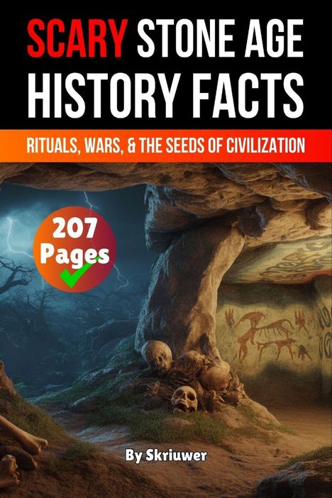 "SCARY STONE AGE HISTORY FACTS", "RITUALS, WARS & THE SEEDS OF CIVILIZATION", "207 Pages". Eine Höhle mit Schädeln und Höhlenmalereien.
