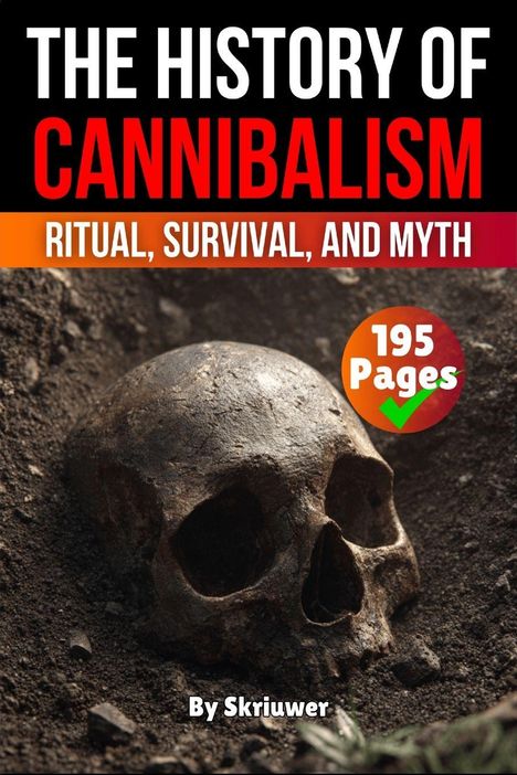 Ein Totenschädel liegt in dunkler Erde. Texte: "The History of Cannibalism", "Ritual, Survival, and Myth", "195 Pages", "By Skriuwer".