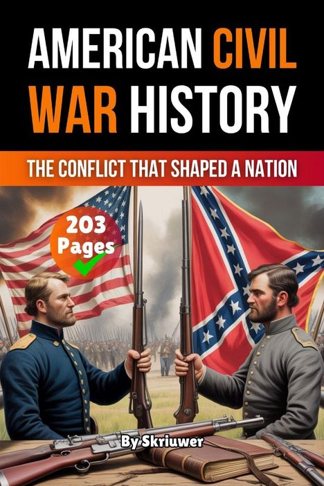 "American Civil War History: The Conflict That Shaped a Nation, 203 Pages. Illustration: Zwei Soldaten mit Gewehren vor Flaggen."