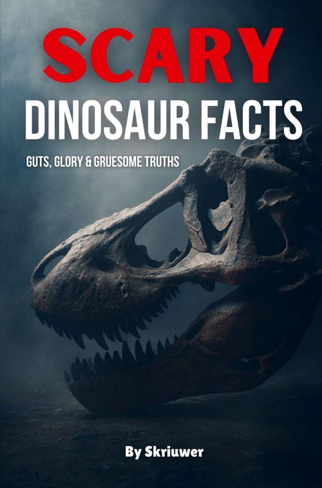 "SCARY DINOSAUR FACTS: Guts, Glory & Gruesome Truths. By Skriwer." Dinosaurierschädel in düsterer Beleuchtung.