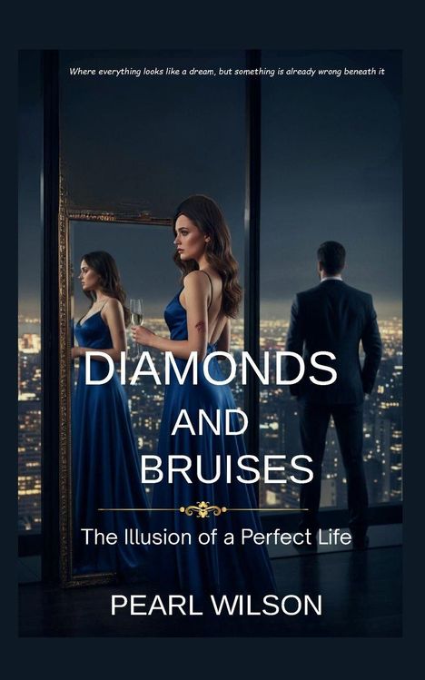 Text: "Where everything looks like a dream, but something is already wrong beneath it. DIAMONDS AND BRUISES The Illusion of a Perfect Life PEARL WILSON." Eine Frau im blauen Kleid, ein Mann im Anzug blickt auf eine Stadt.