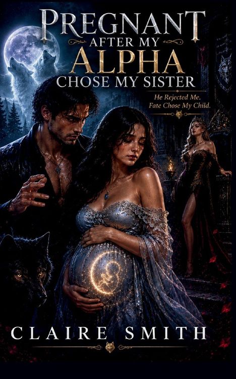 Titel: "Pregnant After My Alpha Chose My Sister". Eine schwangere Frau in einem mystischen Wald, umgeben von einem Mann und Wölfen.