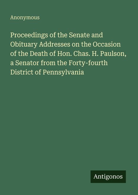 "Proceedings of the Senate..." auf grünem Hintergrund; unten rechts steht "Antigonos".