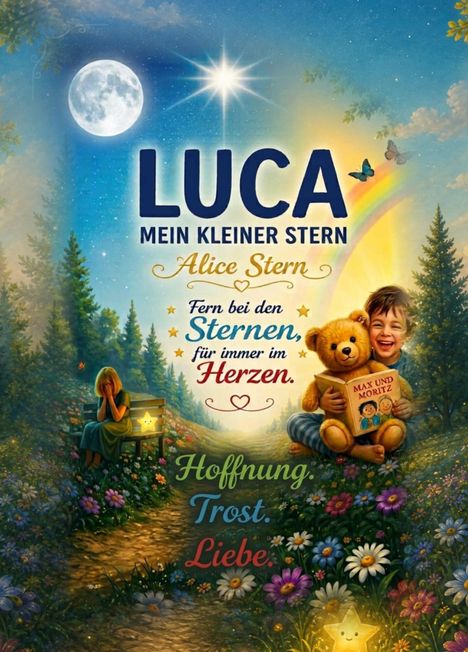 Text: "LUCA MEIN KLEINER STERN Alice Stern Fern bei den Sternen, für immer im Herzen. Hoffnung. Trost. Liebe." 

Illustration: Ein Kind mit Teddybär und Sternen.