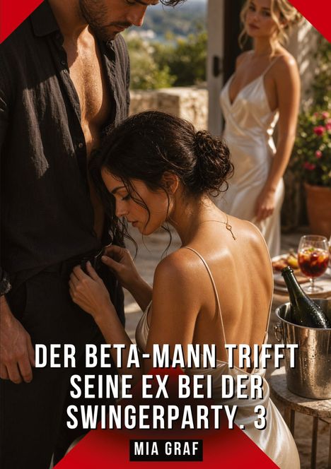 Text: "Der Beta-Mann trifft seine Ex bei der Swingerparty. 3" und "Mia Graf". Vordergrund: Mann und Frau nahe beieinander. Hintergrund: Frau und Sektkübel.