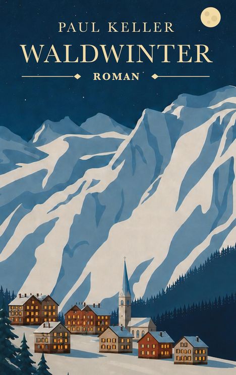 "Paul Keller Waldwinter Roman." Eine Illustration zeigt ein nächtliches Bergdorf mit leuchtenden Fenstern vor schneebedeckten Bergen.