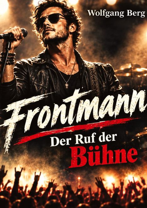 Text: "Frontmann Der Ruf der Bühne" und "Wolfgang Berg". Schwarz-weiße Illustration eines Musikers mit Gitarre.