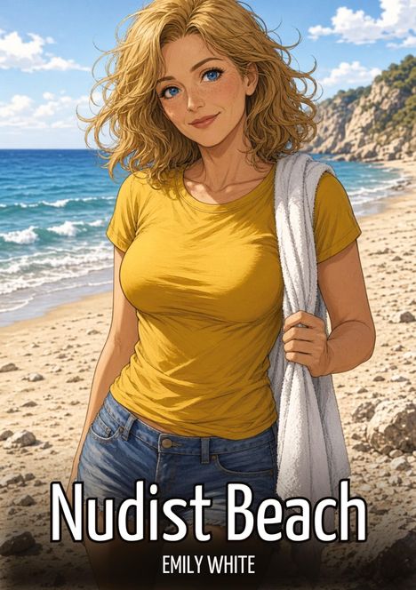 „Nudist Beach“, „EMILY WHITE“. Eine Frau mit blondem Haar und gelbem T-Shirt steht am Strand mit Handtuch.