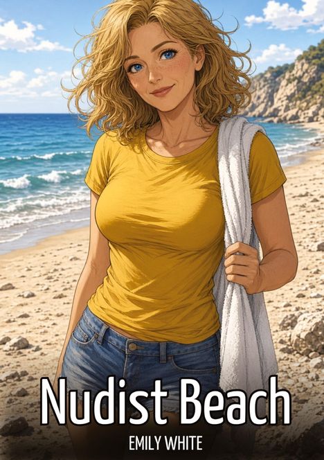 "Nudist Beach. Emily White." Blonde Frau im gelben Shirt, hält ein Handtuch. Hintergrund: Sandstrand und Meer.
