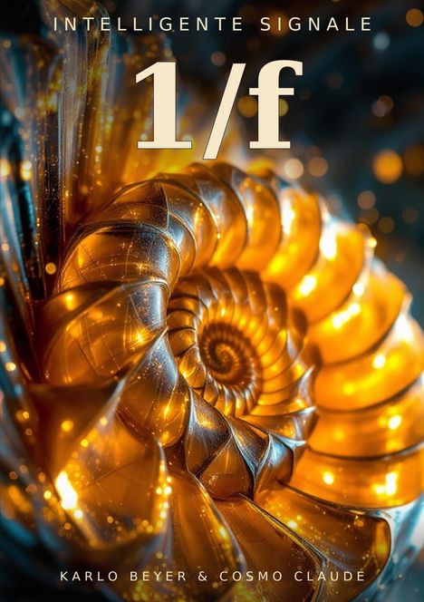 „INTELLIGENTE SIGNALE 1/f, KARLO BEYER & COSMO CLAUDÉ.“ Goldene Spirale mit leuchtenden Akzenten, detailliert und dynamisch.