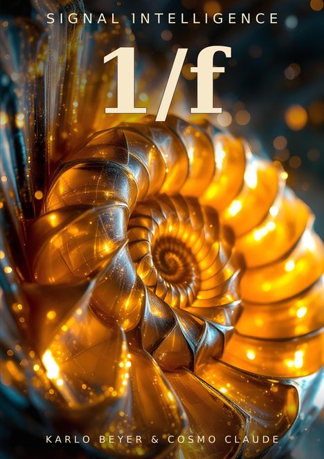 Text: "SIGNAL INTELLIGENCE 1/f KARLO BEYER & COSMO CLAUDE". Eine glänzende, goldene Spirale mit leuchtenden Punkten.
