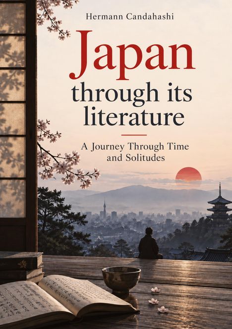"Japan: Understanding through its literature" steht oben. Illustration von Shoji-Türen, Kirschblüten und einer fernen Figur.