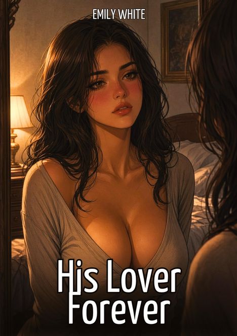 "Emily White", "His Lover Forever". Illustration einer nachdenklichen Frau vor einem Spiegel, sanft beleuchtetem Zimmer.