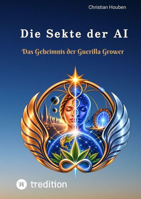 „Die Sekte der AI“ und „Das Geheimnis der Guerilla Grower“, zwei fusionierte Gesichter, Erde, Blätter, Flügel, futuristischer Stil.