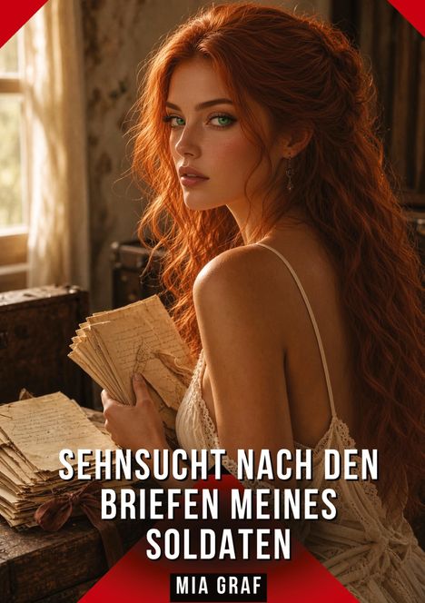Titel: "Sehnsucht nach den Briefen meines Soldaten" von Mia Graf. Eine Frau mit roten Haaren hält Briefe.