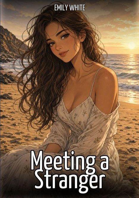 "Emily White. Meeting a Stranger." Eine Frau mit langen Haaren sitzt in einem Kleid am Strand, Sonnenuntergang im Hintergrund.