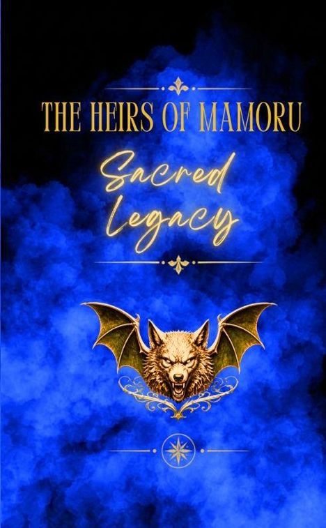 Text: "THE HEIRS OF MAMORU Sacred Legacy." Illustration: Wolfkopf mit Fledermausflügeln auf blauem Hintergrund.