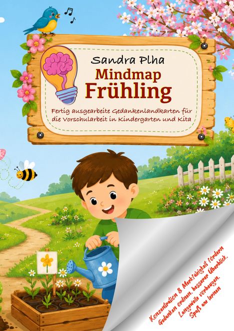Titel: Mindmap Frühling. Kind gießt Pflanzen, Vogel singt. Blühende Bäume. Bunte, fröhliche Illustration.