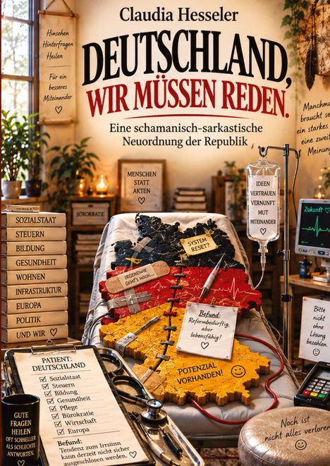 Buchtitel: "Deutschland, wir müssen reden." von Claudia Hesseler. Eine sarkastische Neuordnung der Republik. Im Arztzimmerstil.