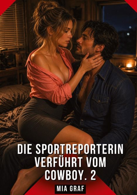 Text: "DIE SPORTREPORTERIN VERFÜHRT VOM COWBOY. 2" und "MIA GRAF". Eine Frau und ein Mann sitzen intim auf einem Bett.