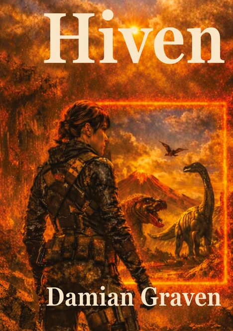 Titel "Hiven". Name "Damian Graven". Illustration zeigt eine Person vor Dinosauriern und Vulkanen in feurigem Szenario.