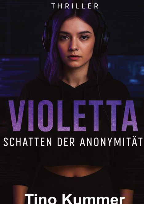 „THRILLER“, „VIOLETTA: SCHATTEN DER ANONYMITÄT“, „Tino Kummer“; Frau mit violettem Haar und Kopfhörern, dunkler Hintergrund.