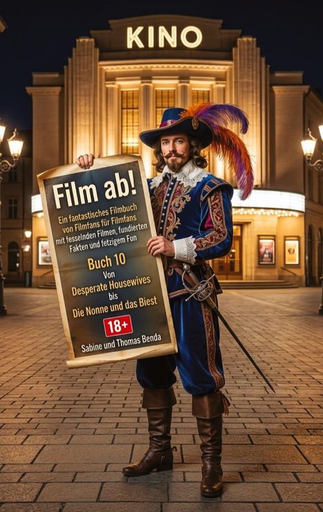 "Film ab! Ein fantastisches Filmbuch von Sabine und Thomas Benda. Kino im Hintergrund, Mann in Musketierkostüm mit Federhut."