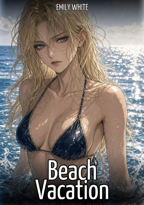 "Emily White" oben. "Beach Vacation" unten. Eine Illustration: Frau mit nassen Haaren im Bikini im Meer.