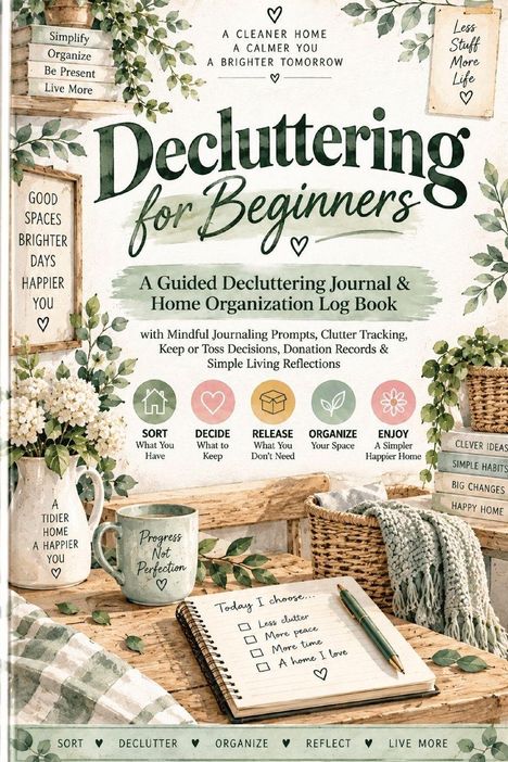"Decluttering for Beginners" ist ein Journal zur Organisation mit textlicher Inspiration und botanischen Illustrationen.