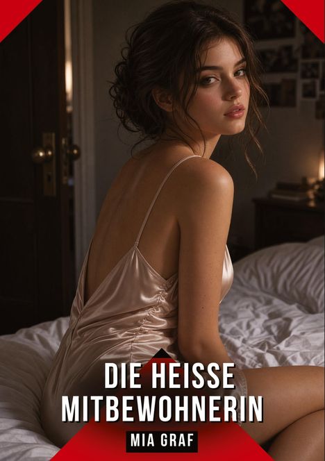 Titel: "Die heiße Mitbewohnerin" von Mia Graf. Eine Frau in seidigem Kleid sitzt auf einem Bett und blickt über die Schulter.