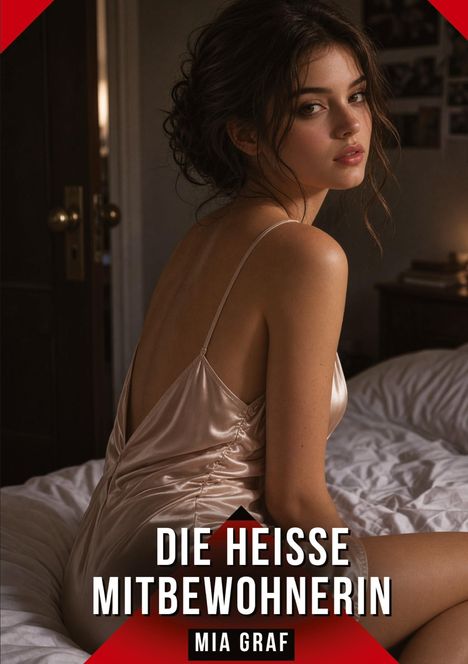 "Die heiße Mitbewohnerin" von Mia Graf. Eine Frau in einem seidigen Kleid sitzt auf einem Bett und schaut über die Schulter.