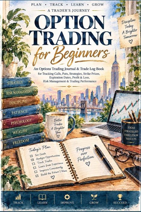 "Option Trading for Beginners" steht groß geschrieben. Bücher über Strategie und Risikomanagement, Laptop mit Chart.