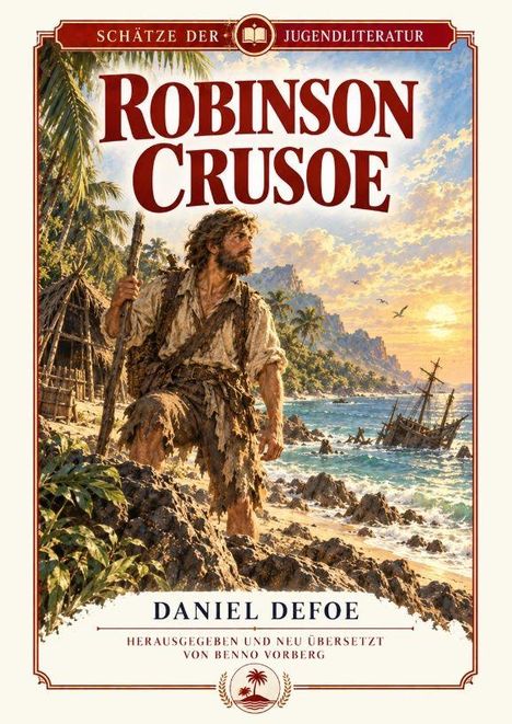 „Schätze der Jugendliteratur: Robinson Crusoe“ von Daniel Defoe. Illustration eines Mannes am Strand mit einem Schiff im Hintergrund.