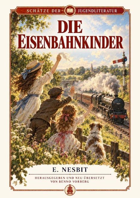 „Die Eisenbahnkinder“ steht in großen Buchstaben. Kinder winken einem vorbeifahrenden Zug zu, ein Hund sitzt daneben.