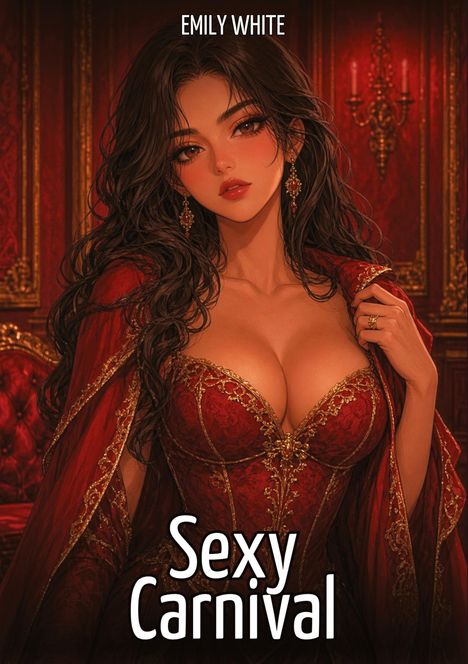 "EMILY WHITE" und "Sexy Carnival"; eine Frau in einem prunkvollen roten Kleid mit opulentem Hintergrund.