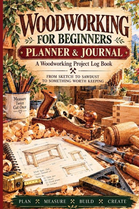 "Woodworking for Beginners" Planner, Sägewerkzeug, Holzspäne, Skizzenbuch mit Tischzeichnung, Lineal, Zollstock.
