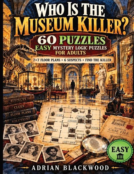 „WHO IS THE MUSEUM KILLER?“, „60 PUZZLES“, „EASY MYSTERY LOGIC PUZZLES FOR ADULTS“. Dinosaurierskelett, Museumsszene.