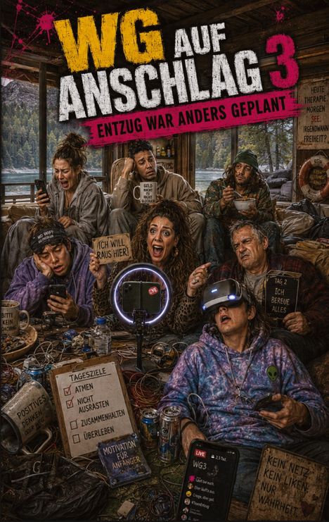 Werbung für "WG auf Anschlag 3", Menschen in chaotischer Hütte, genervt und gelangweilt, mit Schildern und Elektronik.