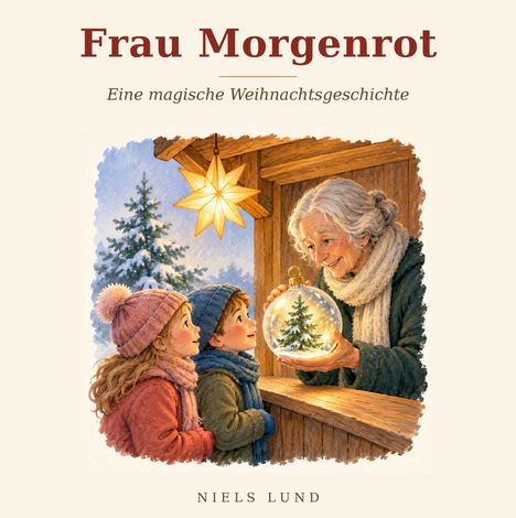 "Frau Morgenrot. Eine magische Weihnachtsgeschichte. Niels Lund." Zwei Kinder betrachten eine Schneekugel bei einer älteren Frau.