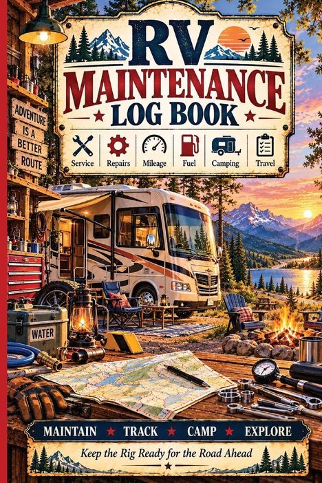„RV Maintenance Log Book“. Icons: Service, Repairs, Mileage, Fuel, Camping, Travel. Wohnmobil-Campingplatz bei Sonnenuntergang.