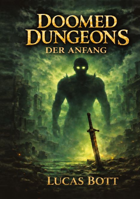 „DOOMED DUNGEONS: DER ANFANG“ und „LUCAS BOTT“. Dunkle Kreatur mit leuchtenden Augen, im Vordergrund ein Schwert im Boden.