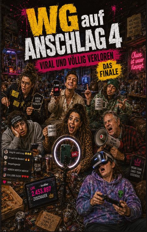 Texte: "WG auf Anschlag 4", "Viral und völlig verloren", "Das Finale", "Chaos ist unser Konzept." Eine chaotische Szene mit jungen Leuten, die live streamen.