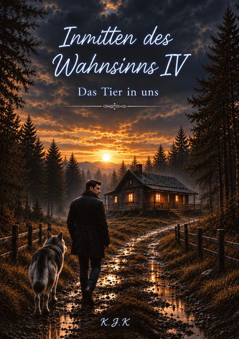 „Inmitten des Wahnsinns IV: Das Tier in uns.“ Ein Mann mit Hund geht auf eine Hütte im Wald zu, Sonnenuntergang im Hintergrund.