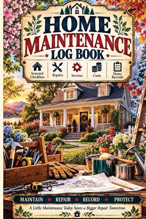 "HOME MAINTENANCE LOG BOOK", "Seasonal Checklists, Repairs, Services", Werkzeuge und ein gemütliches Haus im Herbst.