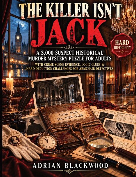 "The Killer Isn't Jack" in großen Buchstaben, gefolgt von Details über ein 3.000 Verdächtigen-Rätsel. Vintage-Setting mit Kerzen.