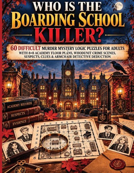 "Who is the Boarding School Killer?" in großen, gelben und roten Buchstaben. Darunter Herbstszene mit Schloss.