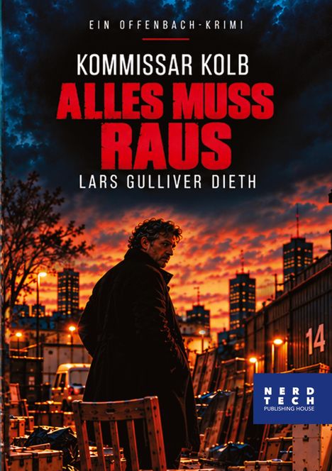 Ein Offenbach-Krimi. "Kommissar Kolb: ALLES MUSS RAUS", Lars Gulliver Dieth. Sonnenuntergang, Mann mit Mantel auf einem Markt.