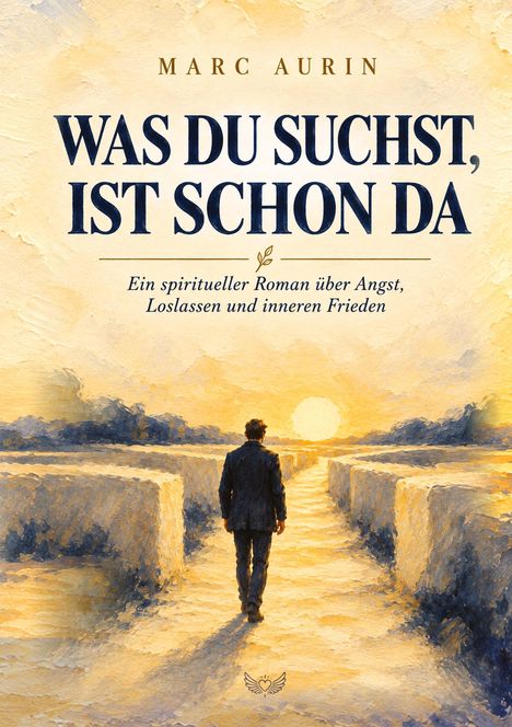 "Was du suchst, ist schon da. Ein Mann in Anzug geht bei Sonnenuntergang durch ein Labyrinth, Illustration."