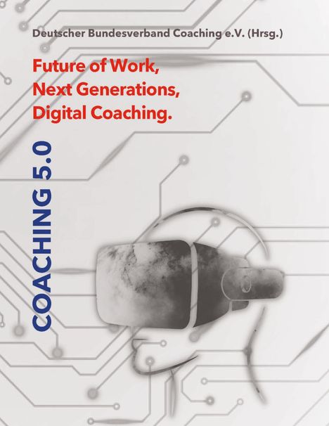 Text: „Future of Work, Next Generations, Digital Coaching.“ Illustration: Kopf mit VR-Brille, umgeben von Schaltkreisen.