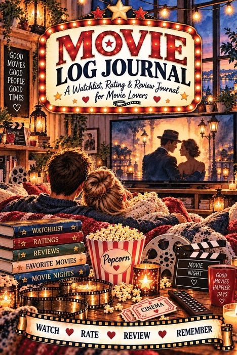 "Movie Log Journal" steht groß auf einem beleuchteten Schild. Zwei Personen schauen eingekuschelt einen Film, mit Popcorn und Filmatmosphäre.